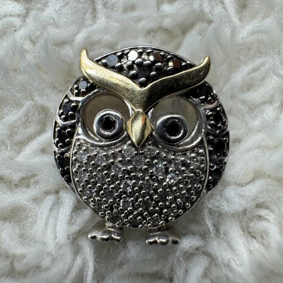 Unbranded Jewelry - 10K Yellow Gold Sterling Silver Black White Diamond Chubby Owl Necklace Pendant